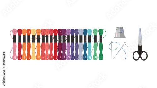 Colorful embroidery floss, a silver thimble, needle, and scissors are arranged for various sewing and crafting projects.