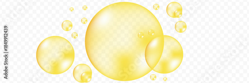 Golden, yellow oil drops, bubbles vector illustration on transparent background