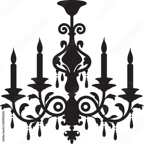Vintage chandelier silhouette with candles vector illustration. Elegant lighting fixture on transparent background.
