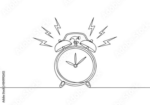 A continuous line drawing of a ringing alarm clock, symbolizing urgency and the start of a new day