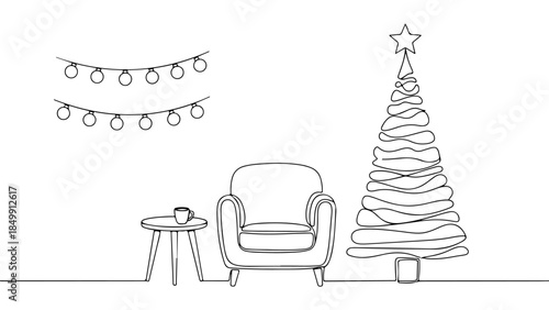 A simple continuous line drawing of a cozy Christmas scene, featuring a plush armchair, a small side table with a mug, and a beautifully decorated Christmas tree, illuminated by festive string lights