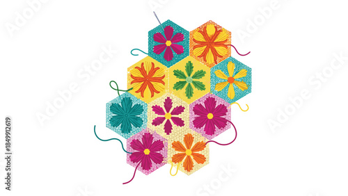 Colorful floral hexagons resembling patchwork are connected with thread, creating a vibrant and artistic design.