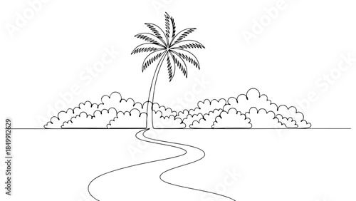 Minimalist continuous line drawing of a scenic island path leading to a palm tree with clouds, a simple yet elegant depiction