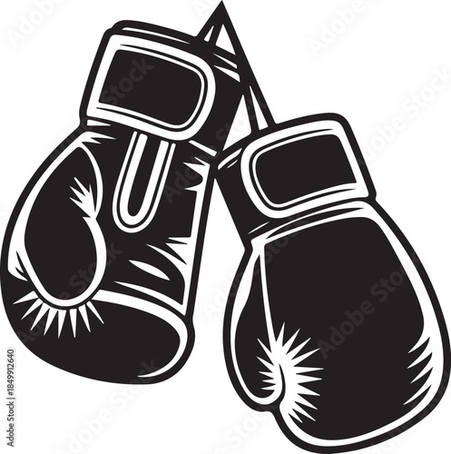 Pair of boxing gloves hanging on hook vector illustration. Sport equipment silhouette on transparent background.