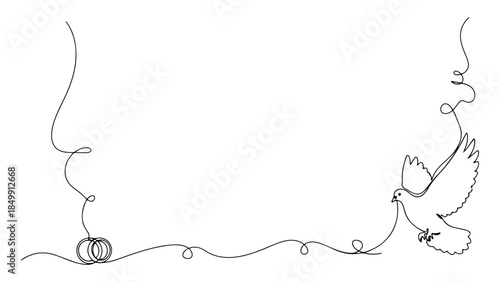 Continuous line drawing of a dove carrying wedding rings on a white background, symbolizing peace and commitment in a minimalistic style