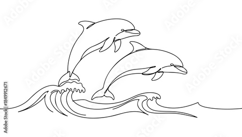 Elegant continuous line drawing of three joyful dolphins leaping through ocean waves, a minimalist artistic depiction of marine life