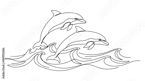 A beautiful continuous line drawing of three playful dolphins leaping through ocean waves, an elegant single line illustration