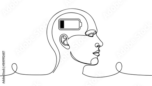 Exhausted Mind A Continuous Line Drawing of a Human Head with a Low Battery Symbol
