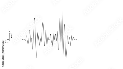 Continuous line drawing of a sound wave with a musical note, illustrating the connection between music and sound visualization