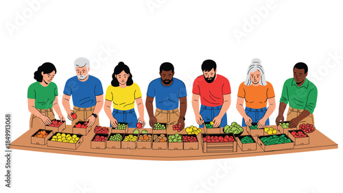 Diverse group of people collaboratively sorting and inspecting fresh produce at a long wooden table, showcasing community and healthy eating.