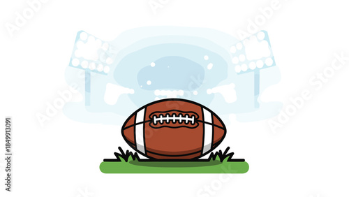 American football rests on a green field under bright stadium lights, evoking the excitement and energy of a game day experience.