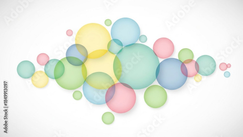 Colorful translucent bubbles floating on a white background creating a soft abstract design