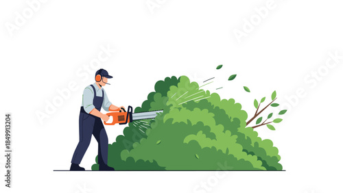 Professional landscaper expertly trims a large, overgrown bush with a chainsaw, ensuring a neat and tidy garden appearance.