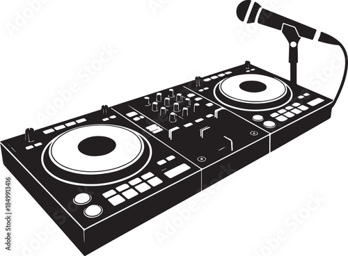 Dj equipment setup with microphone and sound mixer for music performance and entertainment, audio console for mixing beats
