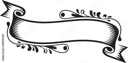 Vintage ribbon banner with floral ornaments isolated on transparent background decorative element for titles and greetings