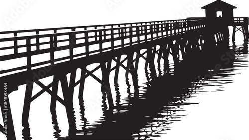 Old wooden pier stretching into water with reflections, boardwalk over ocean or lake, rustic beach access and scenic waterfront view