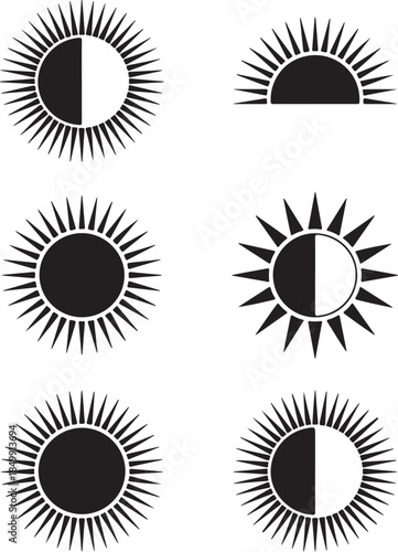 Set of six sun and moon phase icons showing various solar and lunar states in a graphic style