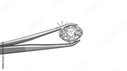 A sparkling round brilliant cut diamond is carefully held by metal tweezers, showcasing its clarity and brilliance.