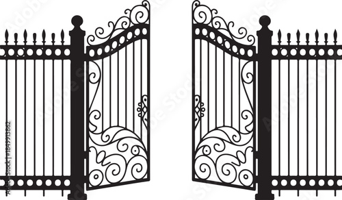 Openwork metal gates with columns and fence vector illustration isolated on transparent background beautiful decorative fence entrance