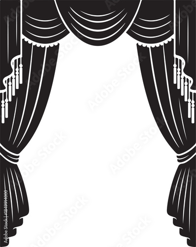 Stage curtains opening with tassels and drapes rendered as vector art on transparent background