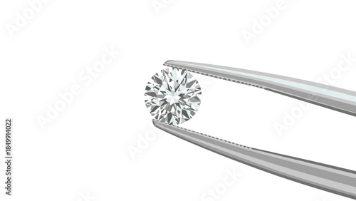 A sparkling round brilliant cut diamond is carefully held by precision tweezers against a clean white background.
