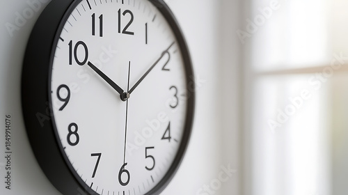A close-up captures a wall clock with a black frame and a white face. The clock shows the time as approximately 10:08. The room has a soft, diffuse natural light.