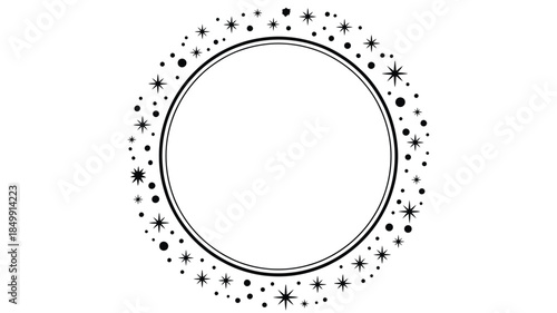 A simple black circle framed by scattered sparkles and star like elements