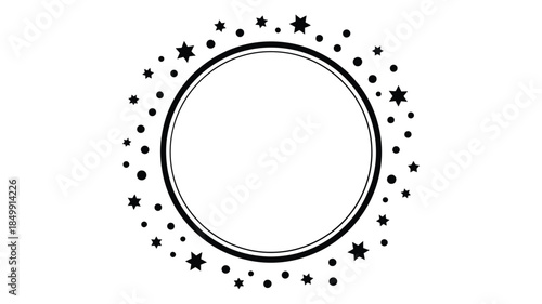 A simple circular frame decorated with scattered dark stars on a white background