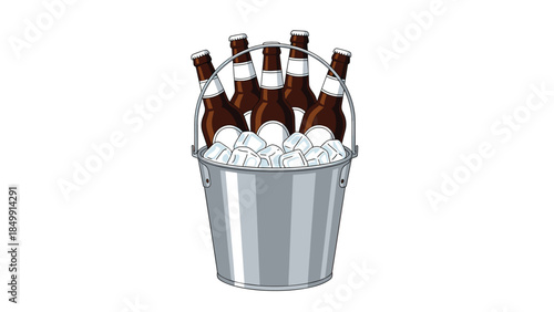 A metallic bucket is filled with ice and several dark glass bottles, creating a refreshing scene for a summer gathering.