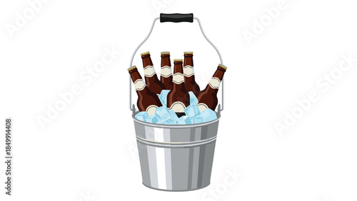 A galvanized metal bucket is filled with brown bottled beverages and blue ice cubes, creating a refreshing summer scene.