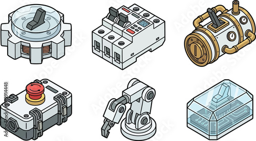 collection of industrial machines and robotic parts for manufacturing and technology