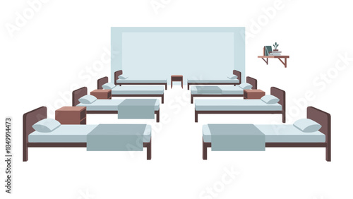 Simple interior of a dormitory room with multiple beds and a small shelf, creating a clean and organized living space.