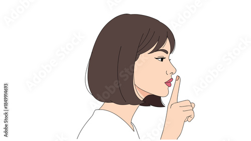 Young woman with short brown hair makes a quiet gesture, requesting silence with her finger to her lips.