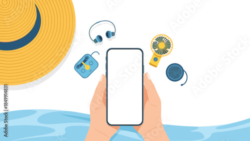 Summer essentials like a smartphone, headphones, portable fan, and speaker are arranged above a blue water background.