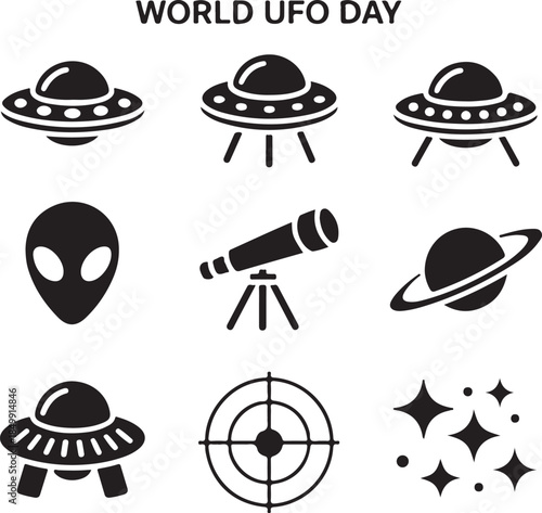World ufo day icons, various alien and space symbols including flying saucers, alien head, telescope, and planet