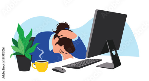 A person at a desk appears overwhelmed and exhausted, resting their head with a steaming coffee cup nearby, depicting burnout from work.
