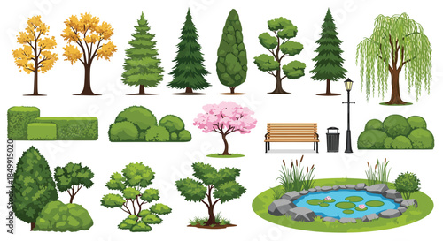 Collection of various park and garden elements including trees, bushes, a bench, and a pond with water lilies for outdoor landscape design.