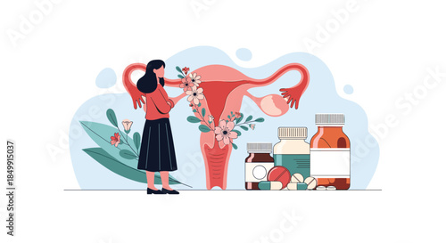 Woman caring for her reproductive health, represented by a stylized uterus adorned with flowers and surrounded by medical pills.