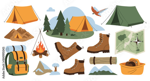 An engaging collection of essential camping and outdoor adventure elements, including tents, campfire, hiking boots, backpack, and nature.