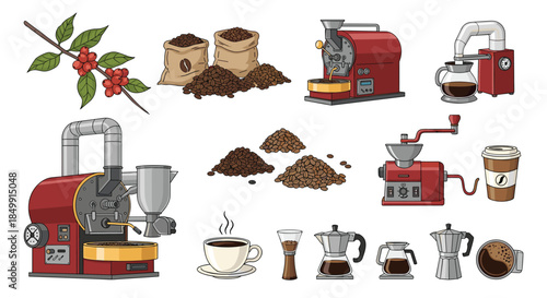 A comprehensive illustration set detailing the coffee journey, including coffee plants, beans, roasting machines, grinders, and various brewing methods.