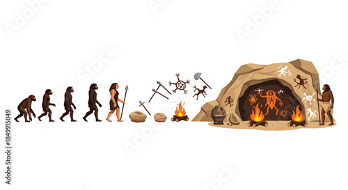 An illustration depicting the stages of human evolution and the cultural advancements of early humans, including tools, fire, and art.