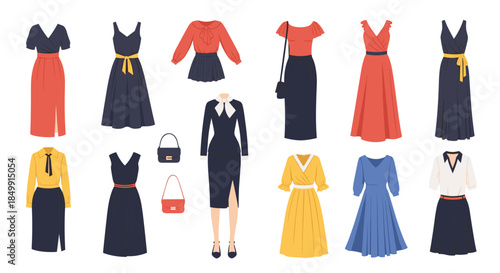 Stylish assortment of women's clothing, including dresses, blouses, and skirts in a variety of colors and designs for different occasions.