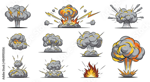 A collection of colorful cartoon explosions, fiery bursts, smoke clouds, and lightning strike effects, perfect for comic books or graphic design.