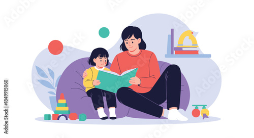 A loving mother and her child share a heartwarming moment reading a book together in a cozy setting, surrounded by toys.