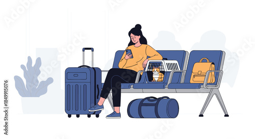 A woman waits patiently at the airport with her cat in a carrier, checking her phone while surrounded by luggage, ready for her journey.