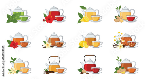 Collection of twelve vector illustrations featuring various flavored teas in teapots and cups, accompanied by their natural ingredients.