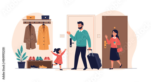 A cheerful little girl waves goodbye to her parents as they depart from home, the father carrying a suitcase and the mother holding a cup.