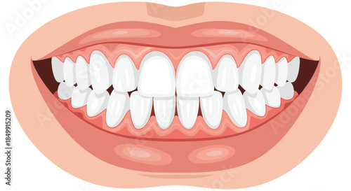 A close-up illustration of a healthy, wide-open human mouth revealing perfect white teeth and pink gums, depicting good dental hygiene.
