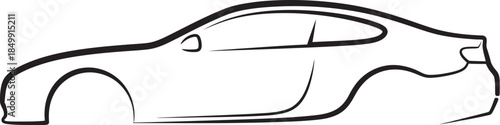 Sports car side view outline drawing, modern vehicle design, automotive illustration, sleek and dynamic shape, black lines on white background