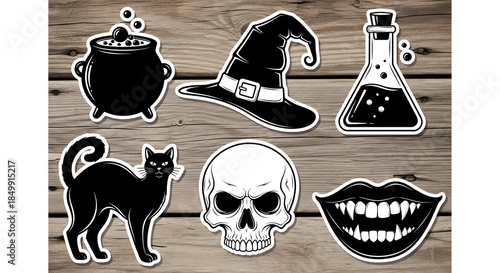 Vector illustration set of cartoon Halloween icons featuring black cat silhouettes and pirate skull symbols for holiday design